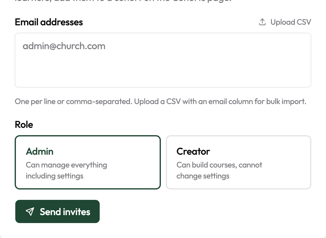 Settings → Access — invite teammates by email and pick whether they join as Admin or Creator.