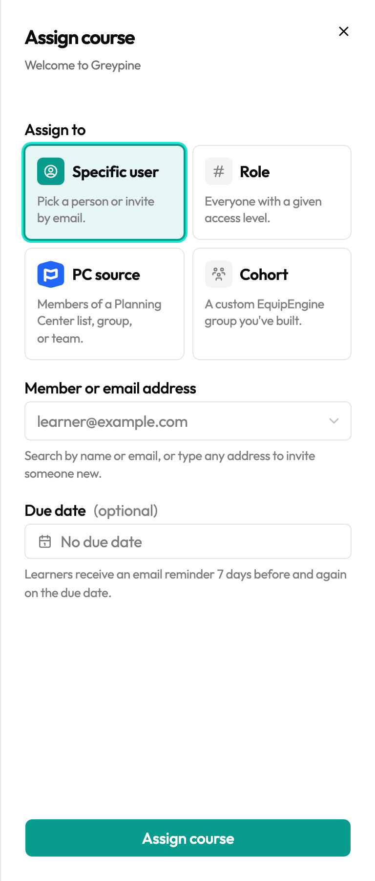 The Assign course slide-over with the four target tiles — Specific user, Role, PC source, Cohort — plus due-date field.
