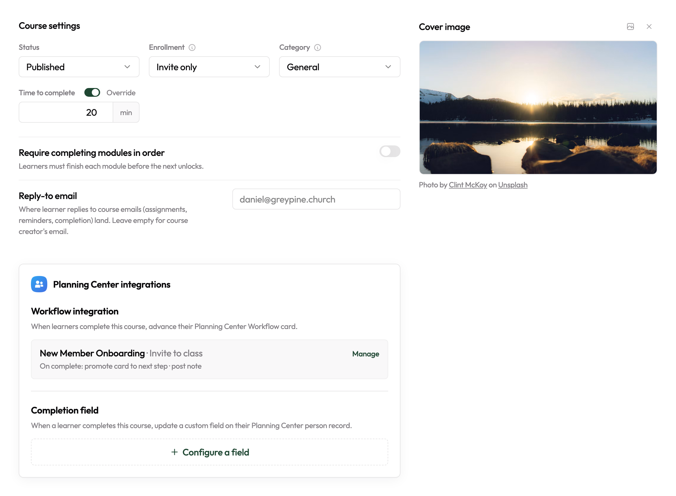 The Overview tab — Course settings card (Status, Enrollment, Category, Time to complete, Reply-to email, sequential-modules toggle) plus the Planning Center sources panel.