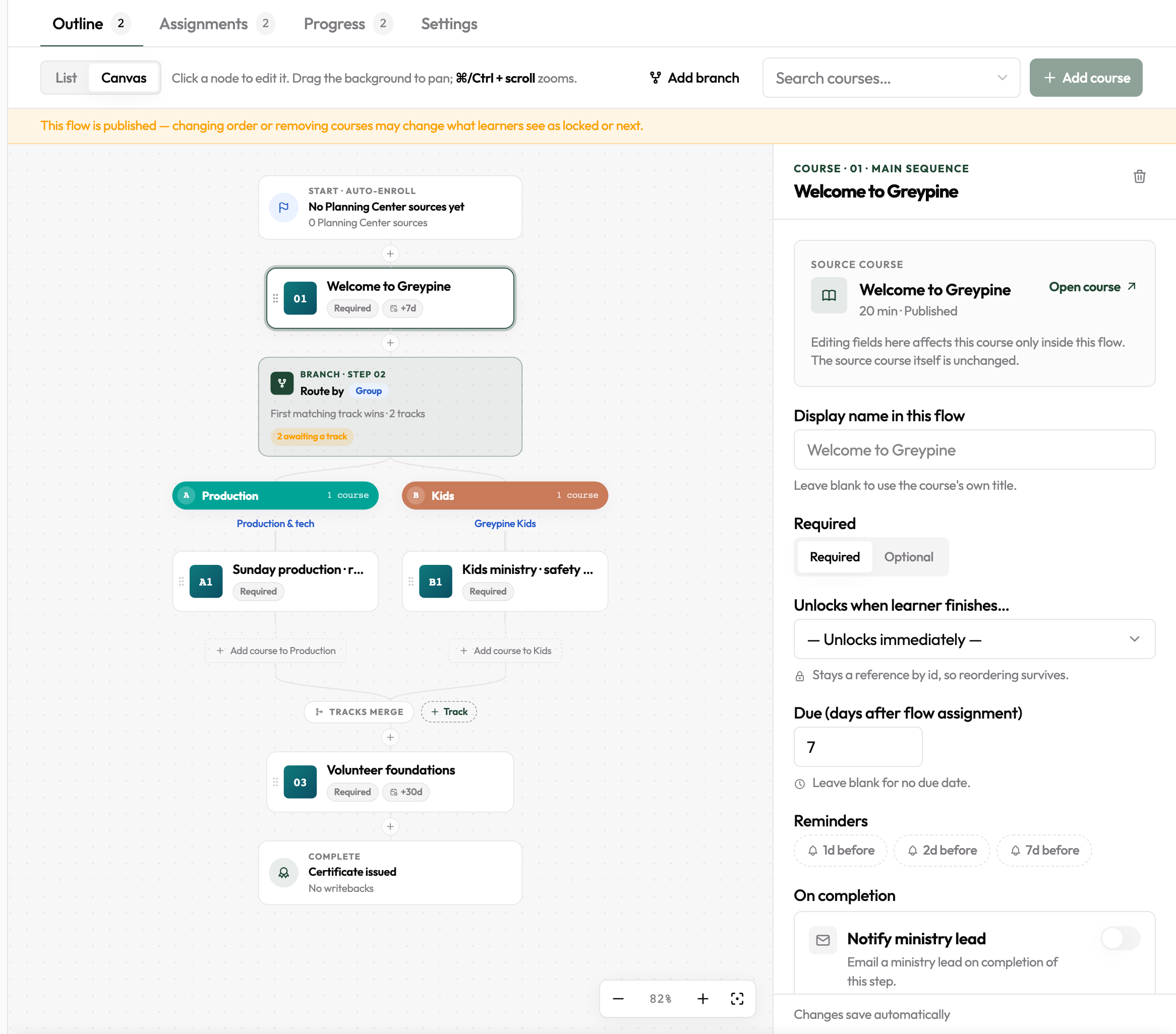 Flow Outline in Canvas view — Start → courses → branch → Complete, with a course selected and its settings open in the panel on the right.